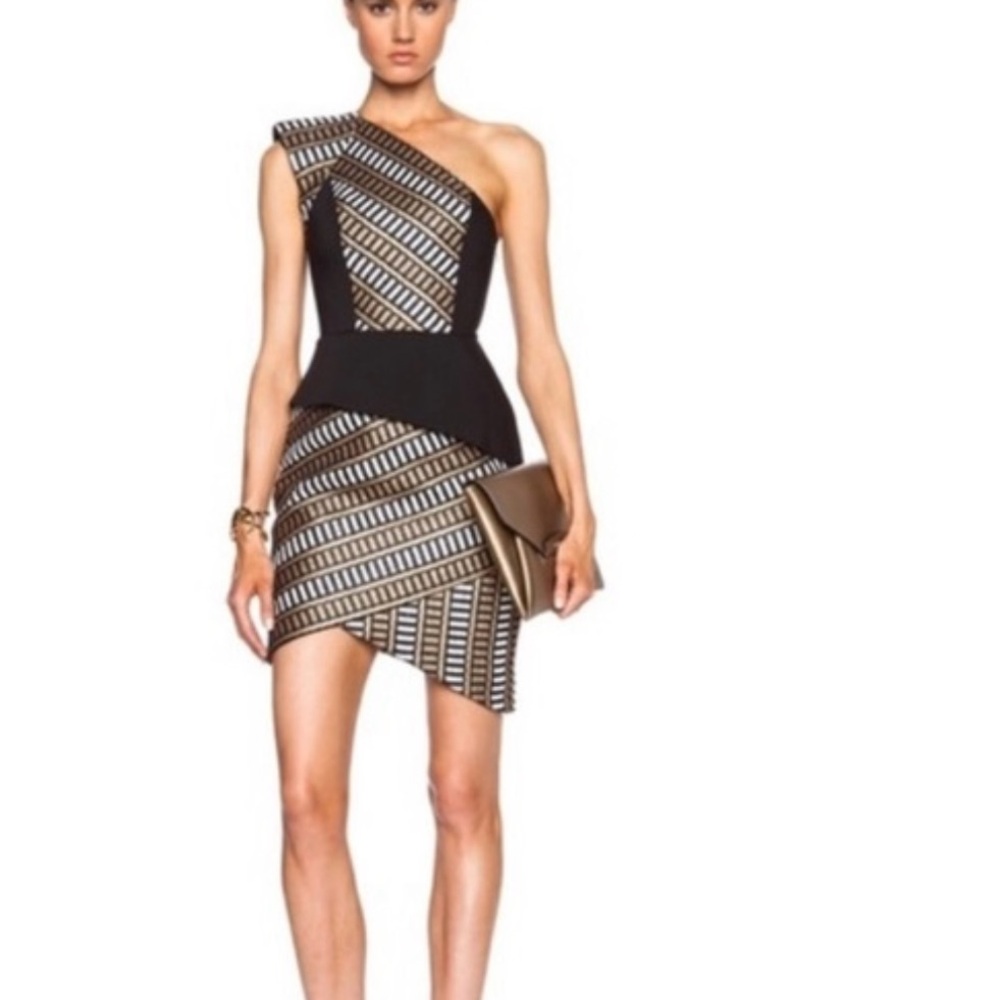 sass & bide Black and Gold Geometric One-Shoulder Asymmetrical Dress